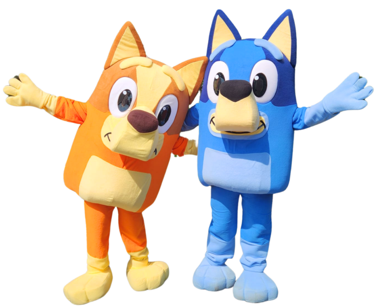 Bluey and Bingo performers posing with excited children at a birthday party.